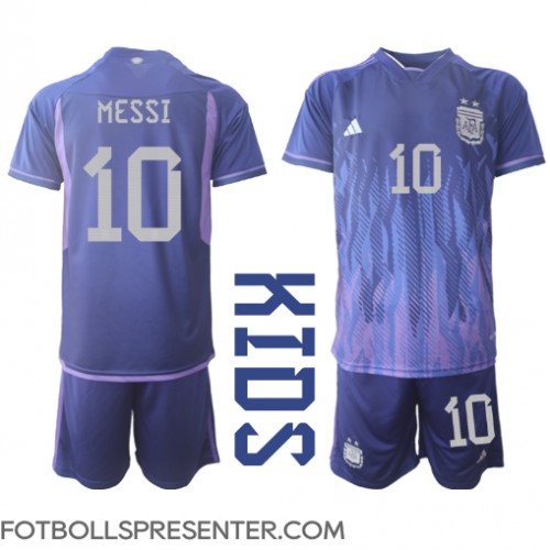 Argentina Lionel Messi #10 Bortatröja Barn VM 2022 Kortärmad (+ korta byxor)